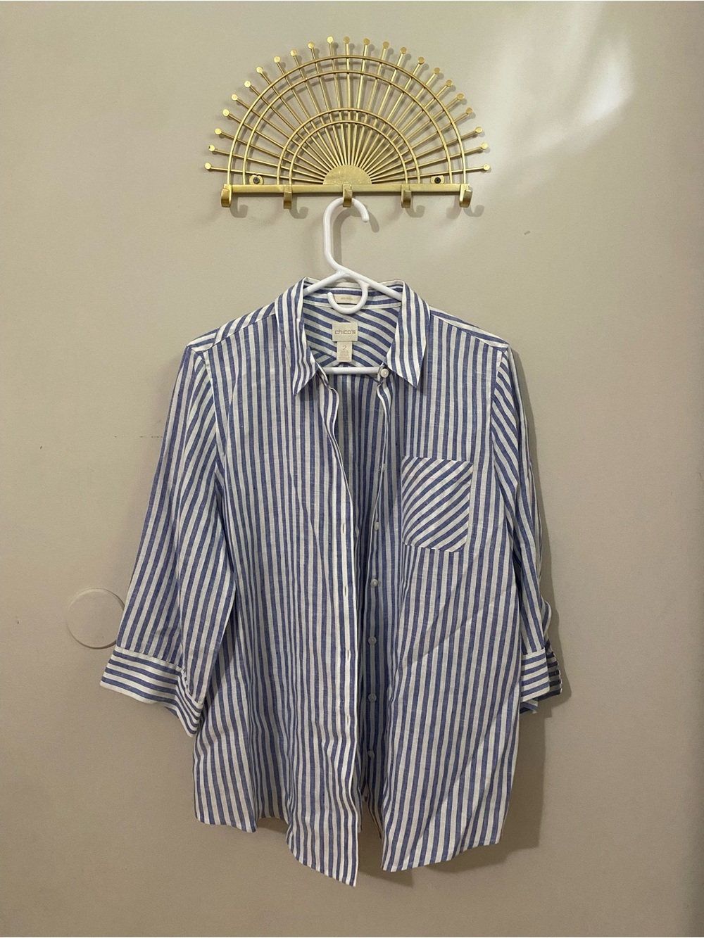Chico's White and Blue Striped Button-Down Shirt